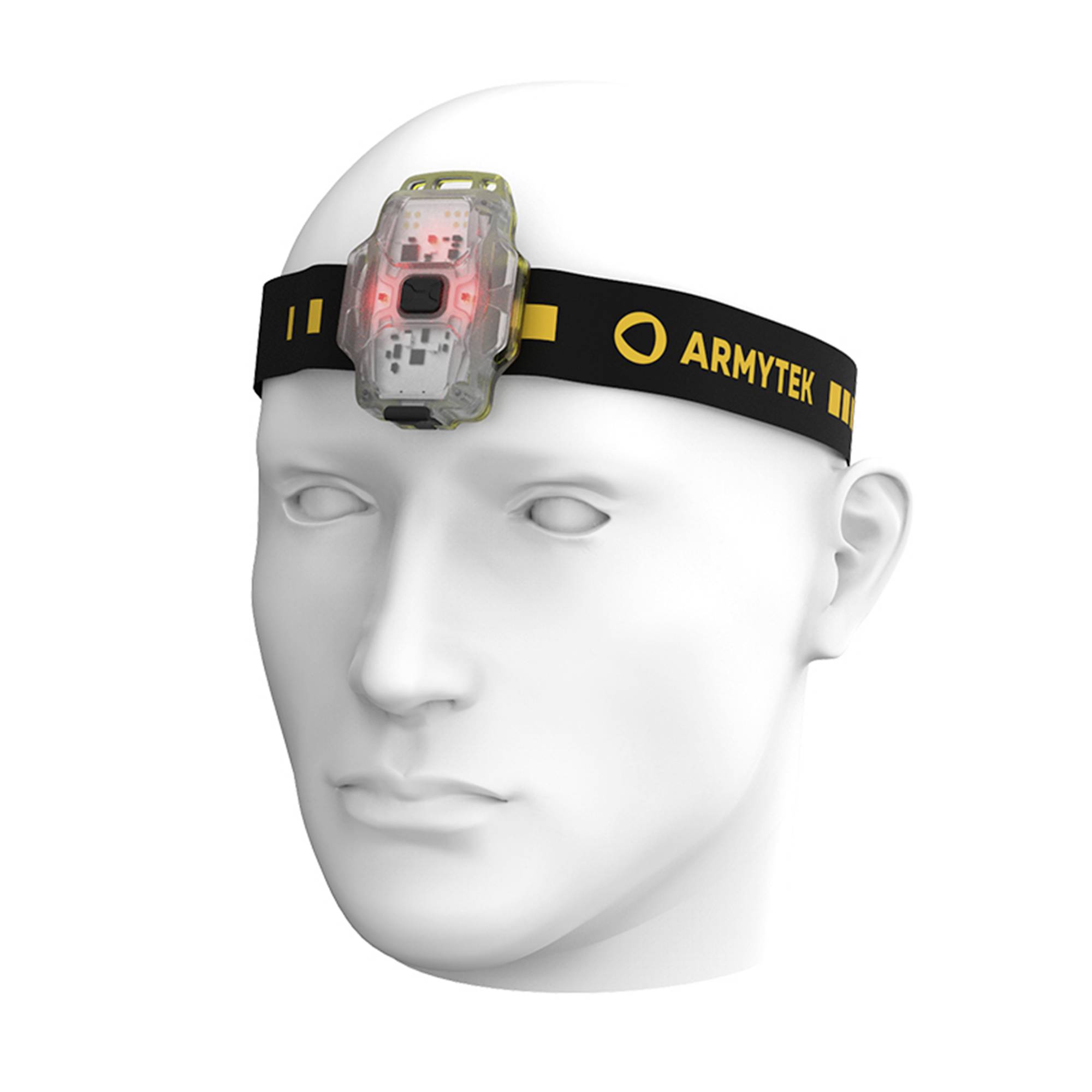 Une lampe frontale avec un bandeau noir et une lumière rouge, portée sur un mannequin de tête blanc. Sur le côté droit du bandeau est inscrit 'ARMYTEK'.