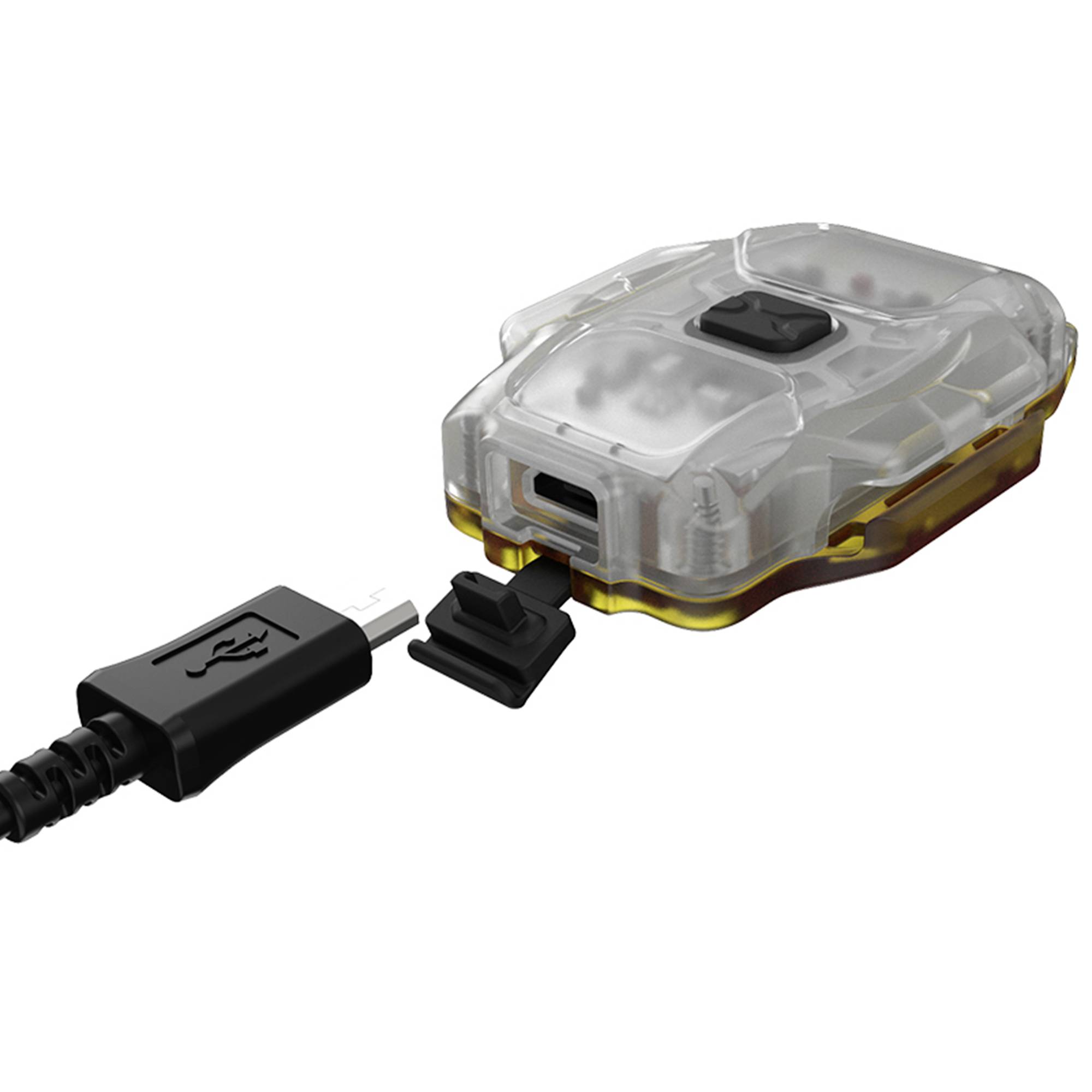 Un petit adaptateur USB transparent avec une fiche USB noire est inséré. L'adaptateur a des bords arrondis.