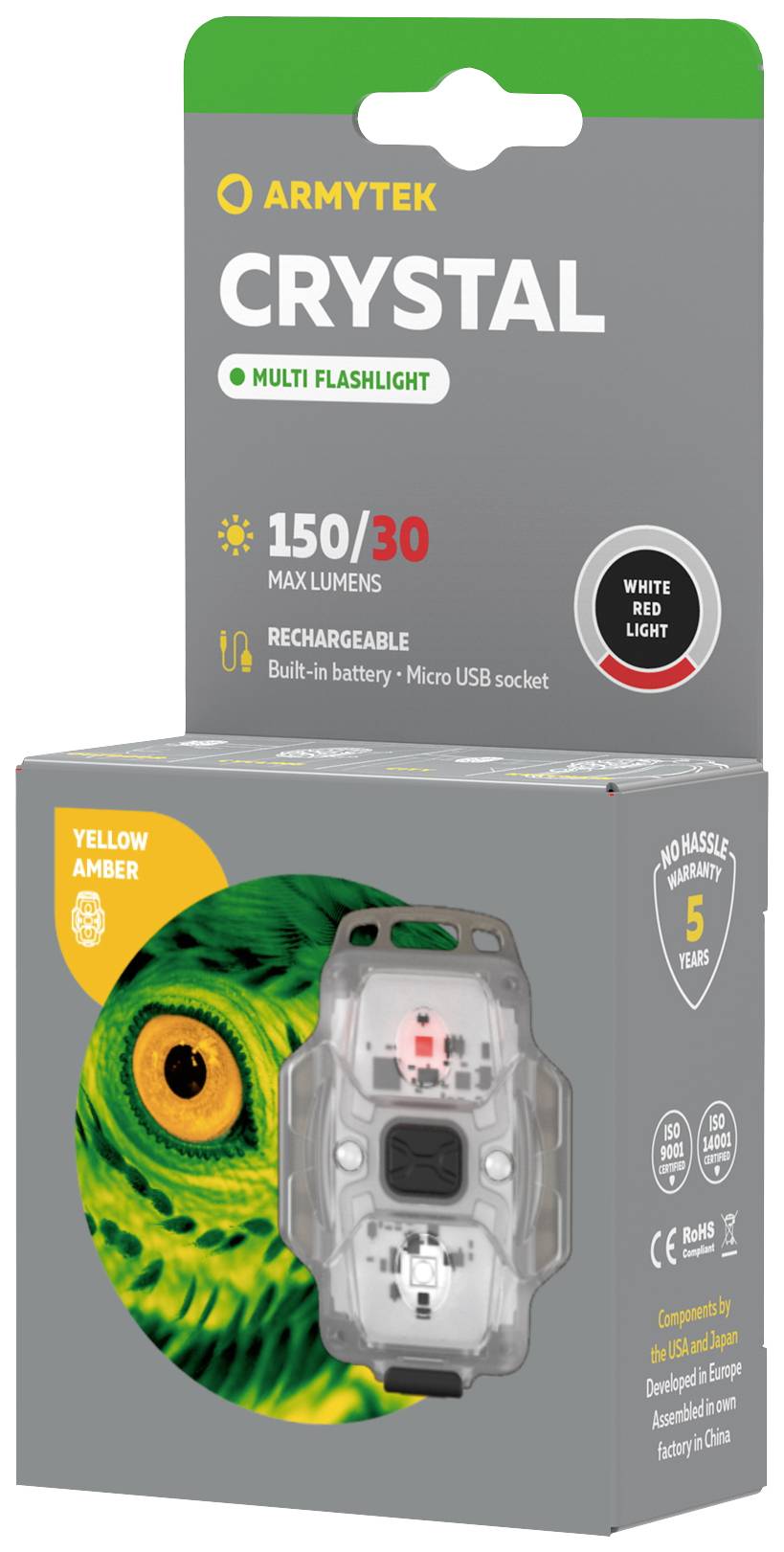 Emballage d'une lampe de poche rechargeable 'ARMYTEK CRYSTAL' avec 150/30 lumens, lumière jaune et blanche, batterie intégrée.