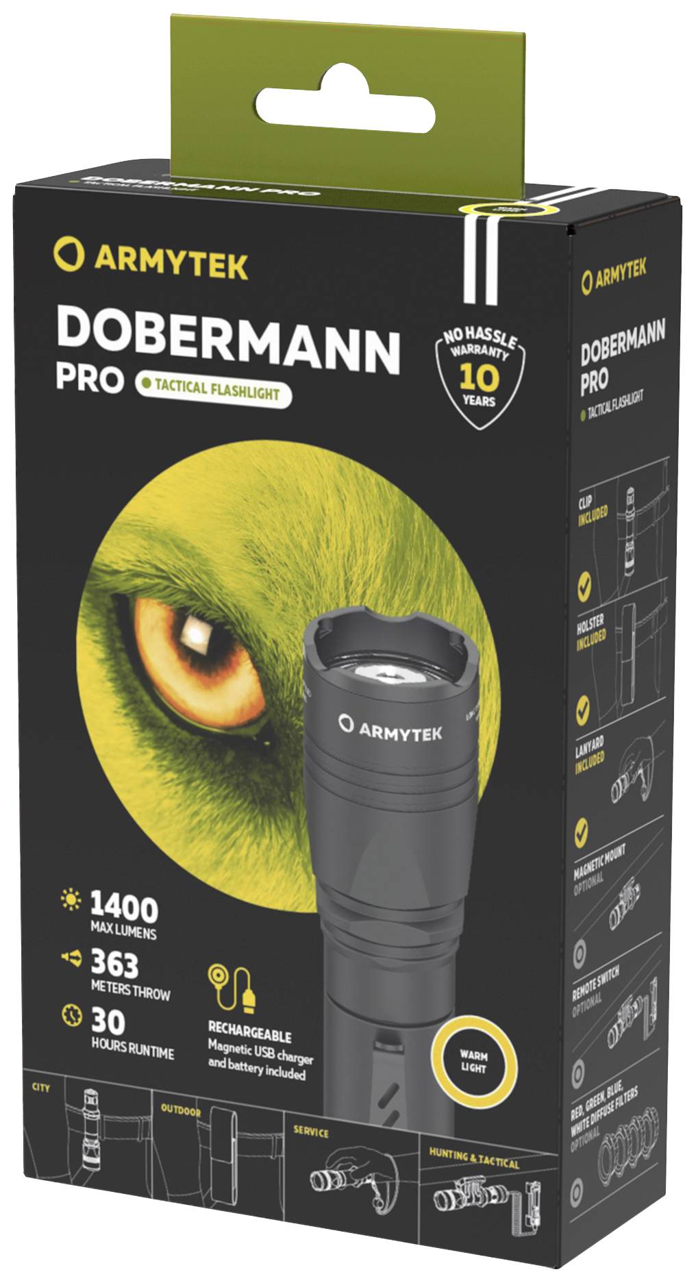 Emballage de lampe de poche Armytek, modèle Dobermann Pro. Détails : 1400 lumens, portée de 363 mètres, autonomie de 30 heures.
