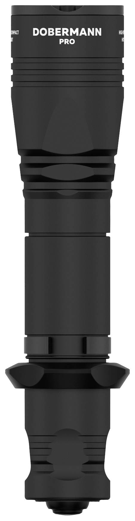 Lampe de poche avec l'inscription 'Dobermann Pro', construction noire et robuste, orientée verticalement, vue de face.