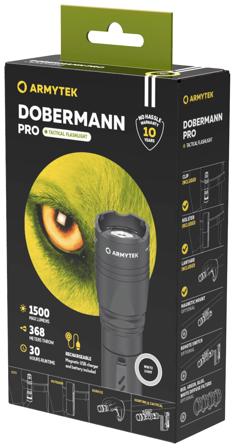Emballage de lampe de poche noir avec l'inscription 'DOBERMANN PRO'. À gauche, spécifications techniques : 1500 lumens, portée de 368 mètres.