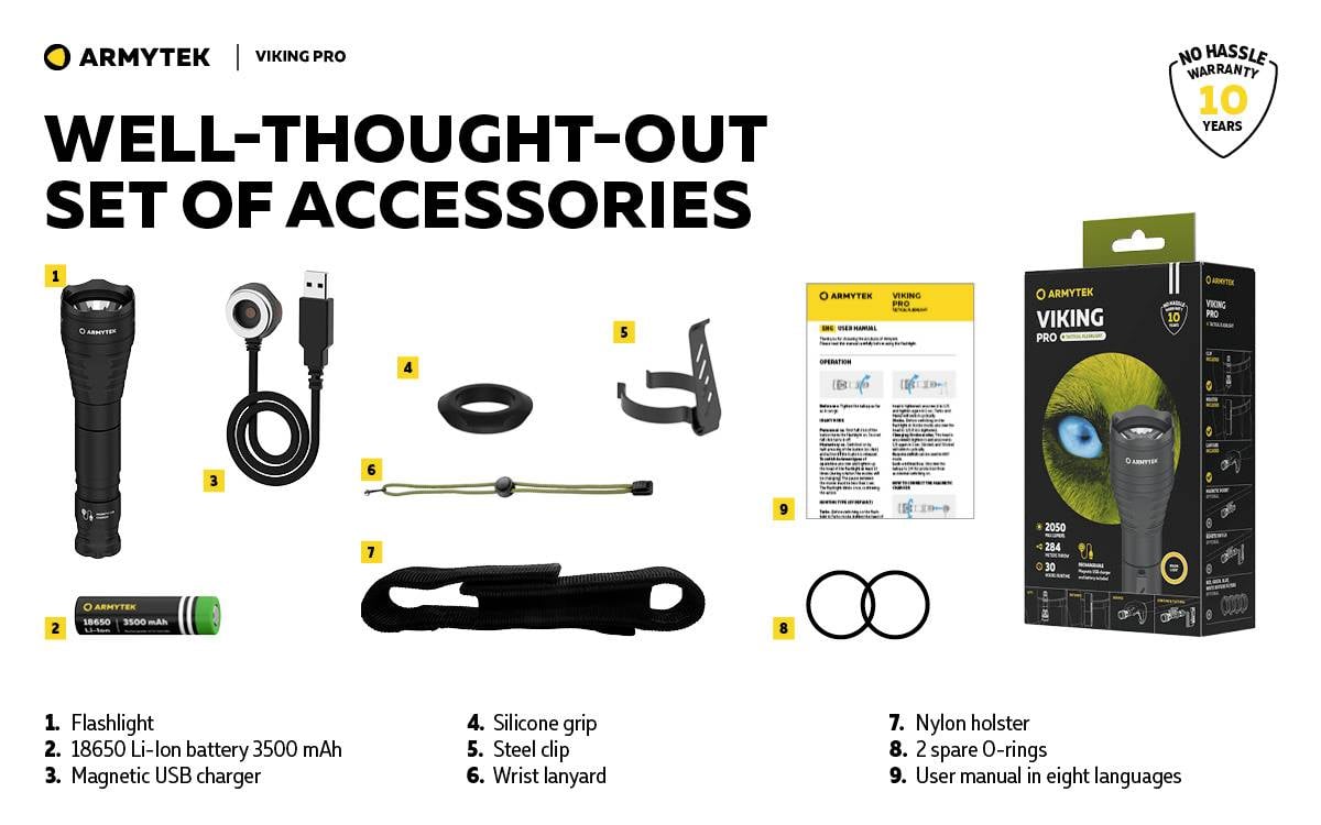 Ensemble d'accessoires 'Viking Pro' comprenant une lampe de poche, batterie, chargeur USB, poignée en silicone, clip, dragonne, étui, joints toriques de rechange, mode d'emploi.