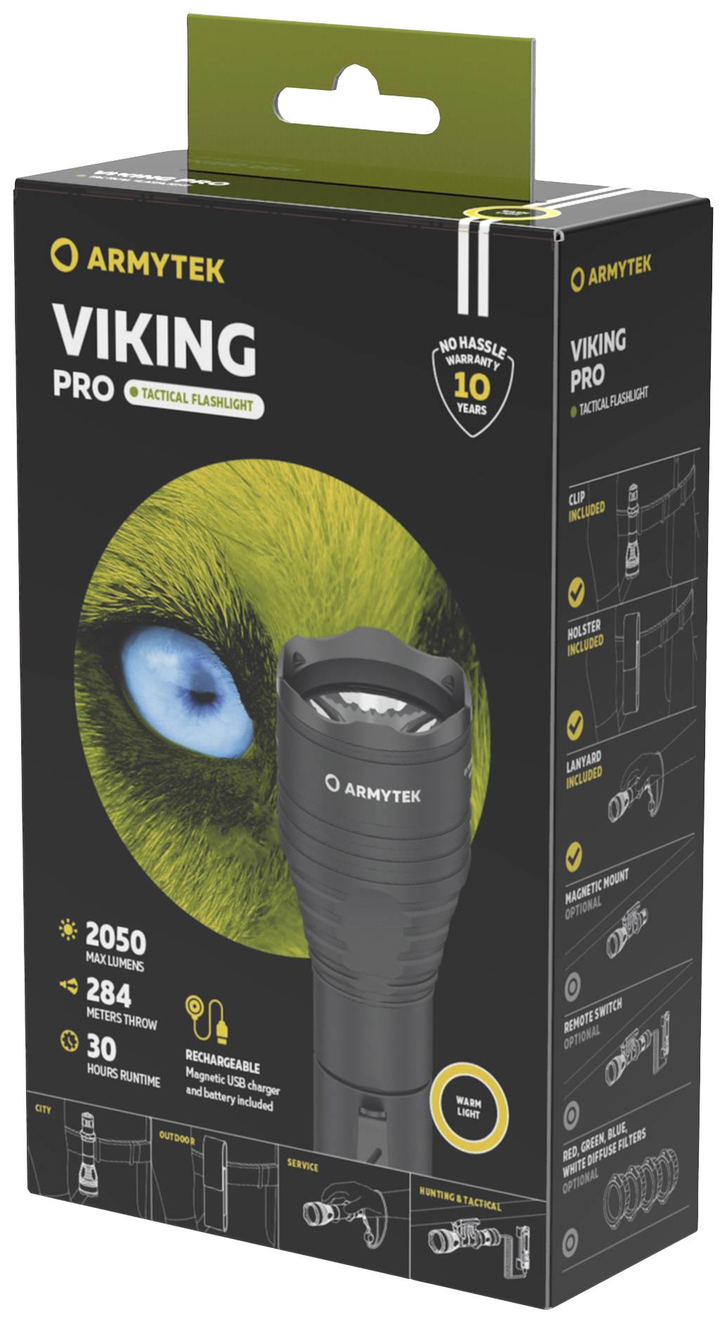 Emballage noir d'une lampe torche Armytek, modèle Viking Pro. Met en avant 2050 lumens, une portée de 284 mètres et la possibilité de recharge.