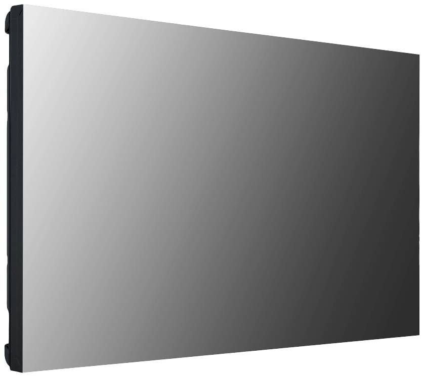 Un écran ou moniteur rectangulaire noir est placé en biais dans une pièce vide.