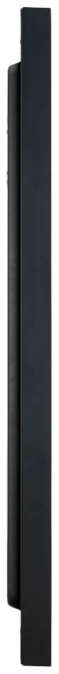 Vue latérale d'un rectangle noir et plat, probablement un appareil électronique ou un écran, sur un fond clair.