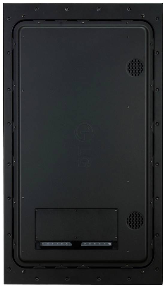 Dispositif électronique rectangulaire noir avec des ouvertures de ventilation ; vue de face sur un couvercle ou un panneau dans un boîtier.