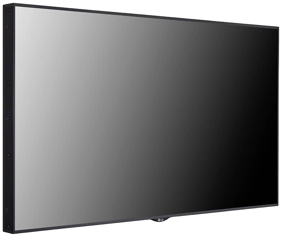 Téléviseur à écran plat montré en biais, cadre noir avec des commandes minimalistes, l'écran reflète légèrement.