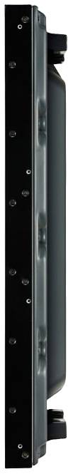 Vue latérale d'un dispositif électronique rectangulaire noir avec des vis et des éléments de fixation apparents.