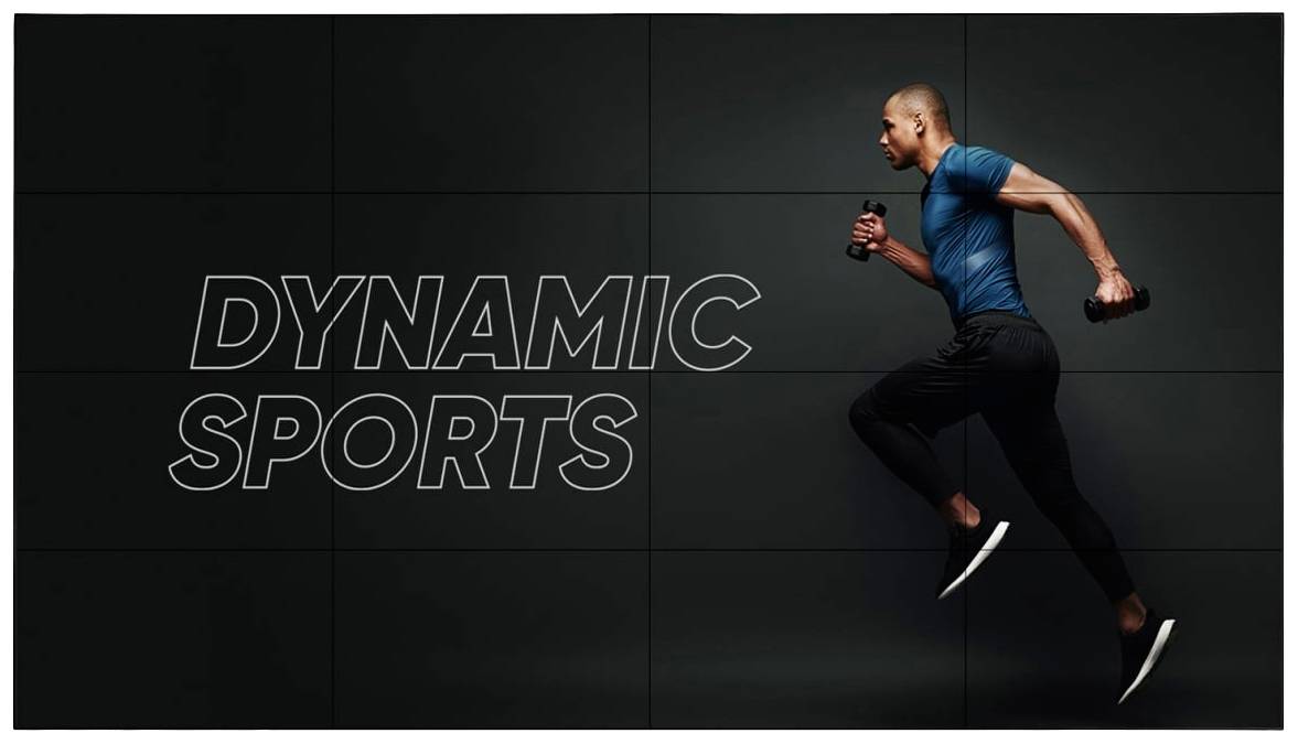 Un homme sportif en mouvement saute avec des haltères à la main devant un arrière-plan sombre. Le texte 'Dynamic Sports' est visible.