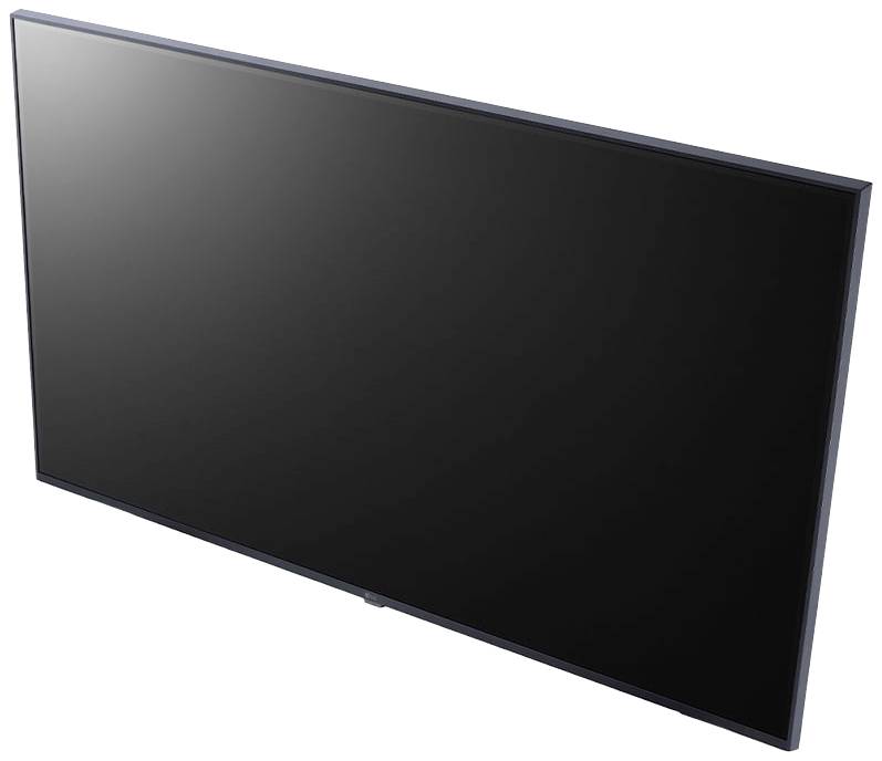 Téléviseur noir et plat avec un grand écran, vu de côté. L'écran est éteint et reflète légèrement la lumière.