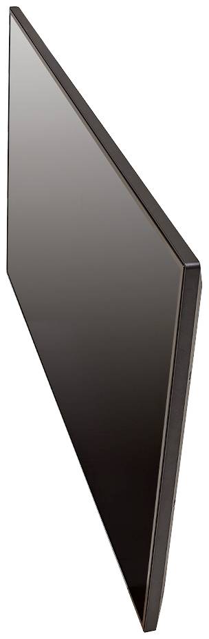 Un téléviseur plat noir, montré en biais, avec un cadre fin et une surface d'écran brillante.