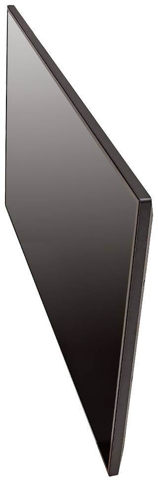 Téléviseur plat et fin avec un cadre noir, vu de côté depuis l'arrière.