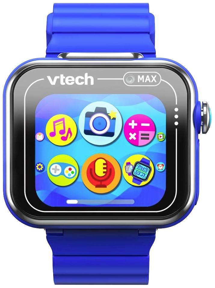 Une montre intelligente bleue pour enfants de la marque VTech, avec des applications colorées sur l'écran, incluant musique, appareil photo et jeux.