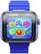 Une montre intelligente bleue pour enfants de la marque VTech, avec des applications colorées sur l'écran, incluant musique, appareil photo et jeux.