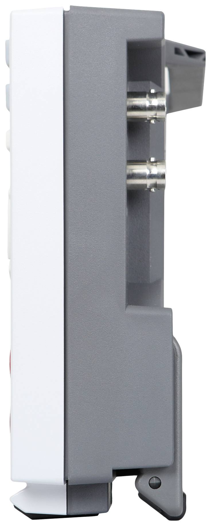 'Vue latérale d'un appareil électronique gris avec des connexions et un support. Adapté aux applications techniques.'