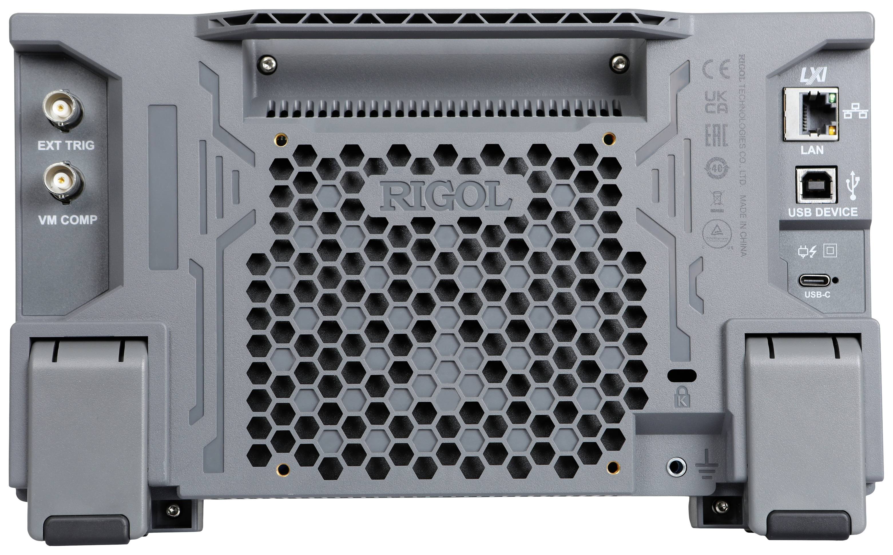 Vue arrière d'un dispositif de mesure électronique gris avec plusieurs ports, dont LAN, USB et des points de déclenchement externes.