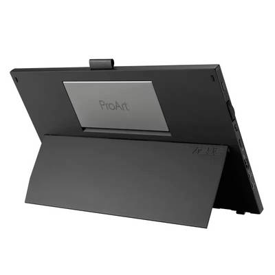 Vue arrière d'une tablette avec support, portant l'inscription 'ProArt'. L'appareil est noir et élancé, avec plusieurs options de connexion sur le côté.