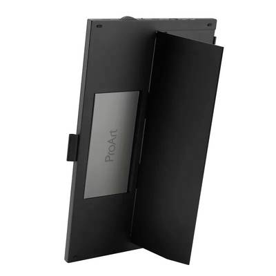 Vue arrière d'un moniteur noir portant l'inscription "ProArt" avec un support rabattable.