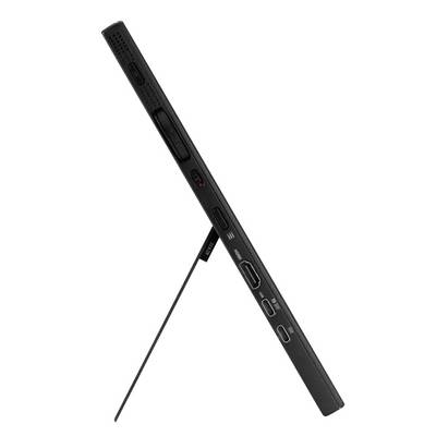 Un écran plat noir vu de profil, posé sur un support. Les connexions et les touches sont visibles. Style clair et minimaliste.