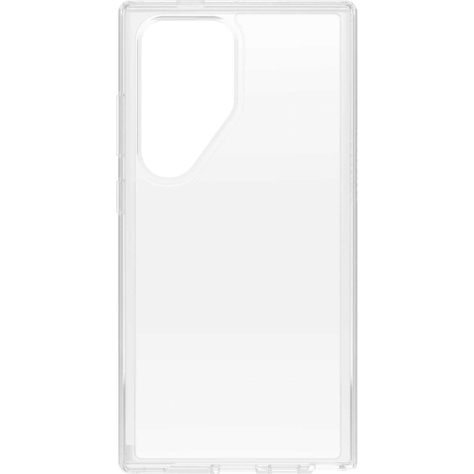 Un boîtier de smartphone transparent, rectangulaire, avec une découpe pour l'appareil photo dans le coin supérieur gauche.
