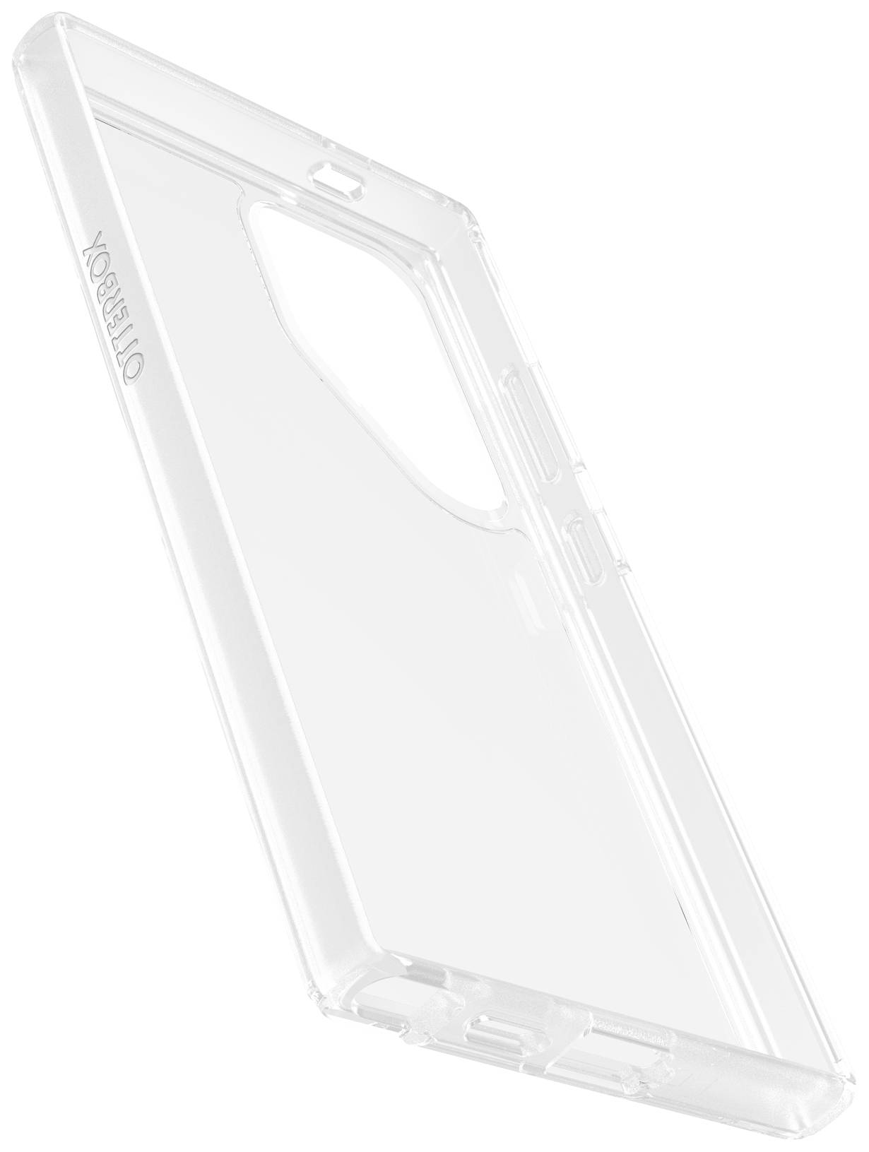 Coque de téléphone transparente, bords biseautés, découpe pour caméra en haut, plastique transparent, design minimaliste, fonction de protection.