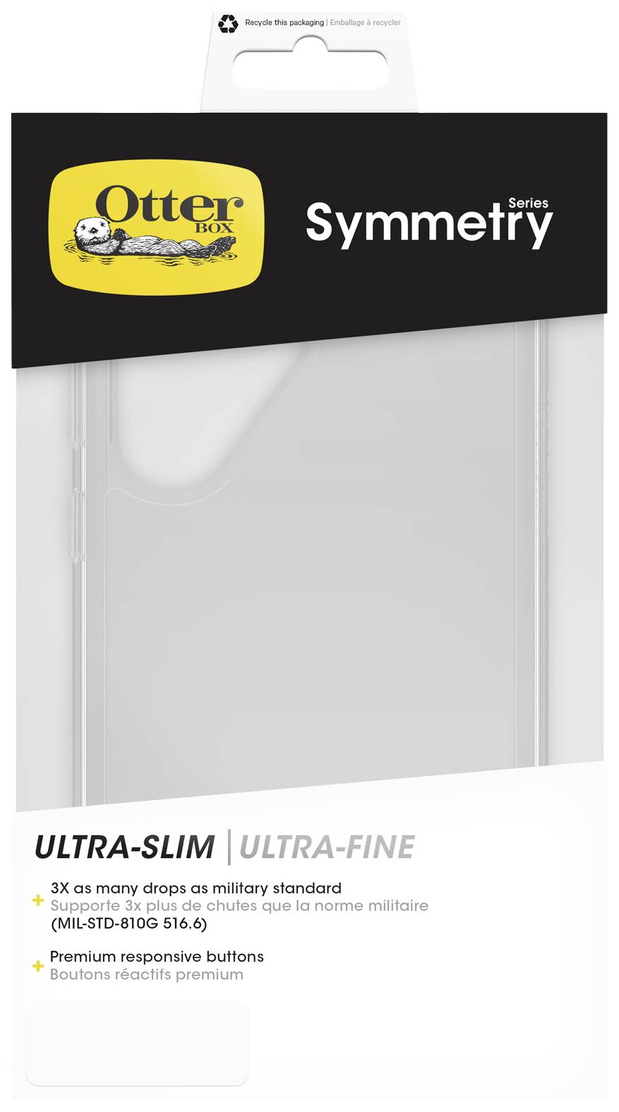 Emballage de la série OtterBox Symmetry - Étui de smartphone ultra-fin transparent, mettant l'accent sur la protection contre les chutes et doté de touches réactives.