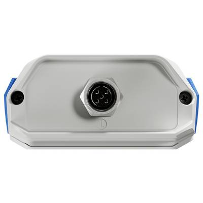 Une image en gros plan d'un appareil gris doté d'un connecteur circulaire central comprenant plusieurs broches. L'appareil possède deux côtés bleus et un socle hexagonal sur le dessus.