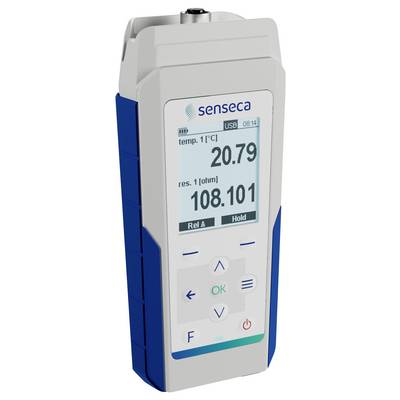 Un appareil électrique portable affichant une température de '20,79 °C' et une résistance de '108,101 ohms', avec l'étiquette 'senseca'.