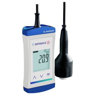 Un analyseur d'oxygène affichant '20,9 %' sur son écran, utilisé pour mesurer les niveaux d'oxygène. Comprend une sonde attachée pour l'échantillonnage.
