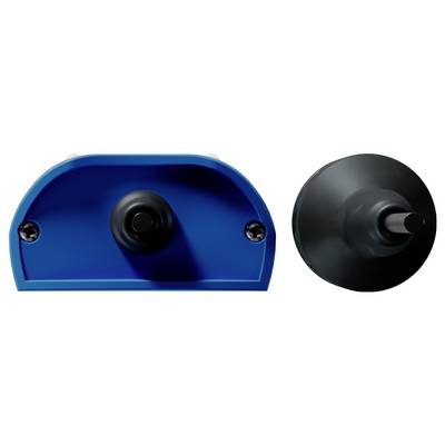 Un dispositif bleu, arrondi, avec un bouton noir au centre, présenté sous les angles de face et de profil, probablement un composant électronique.