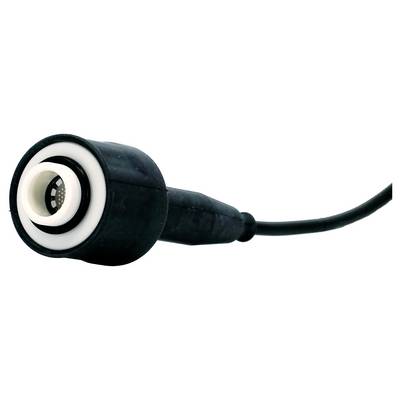 Une sonde de capteur noir avec un anneau intérieur blanc et un câble connecté, utilisée pour des mesures électroniques ou la collecte de données.