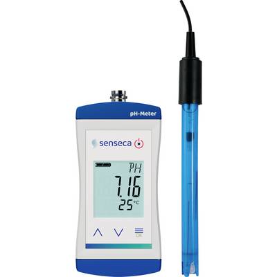Un pH-mètre numérique affichant 'pH 7,16, 25 °C' avec une sonde détachable bleue, portant la marque 'senseca'.