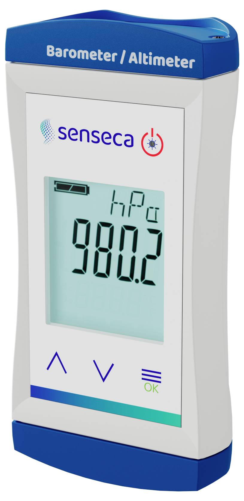 Baromètre et altimètre numérique portable affichant une lecture de 980,2 hPa sur un écran, avec des boutons de navigation en dessous.