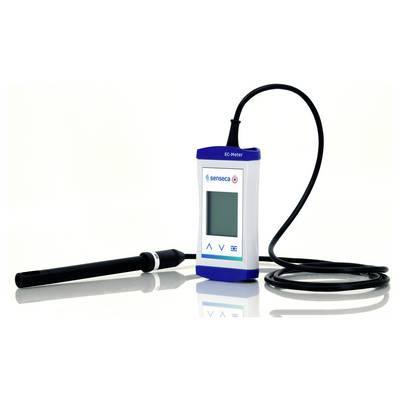 Un mètre EC numérique avec une sonde noire et un câble enroulé, comportant des boutons de mesure sous un écran vide.