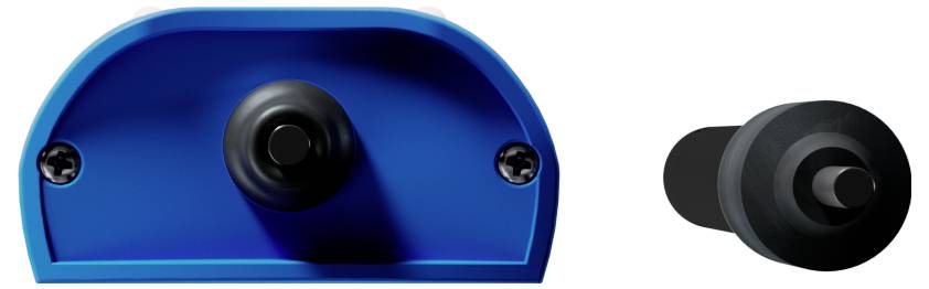 Un composant mécanique bleu et noir avec un bouton rotatif et deux vis, présenté en vue de dessus et de profil pour une clarté de conception.