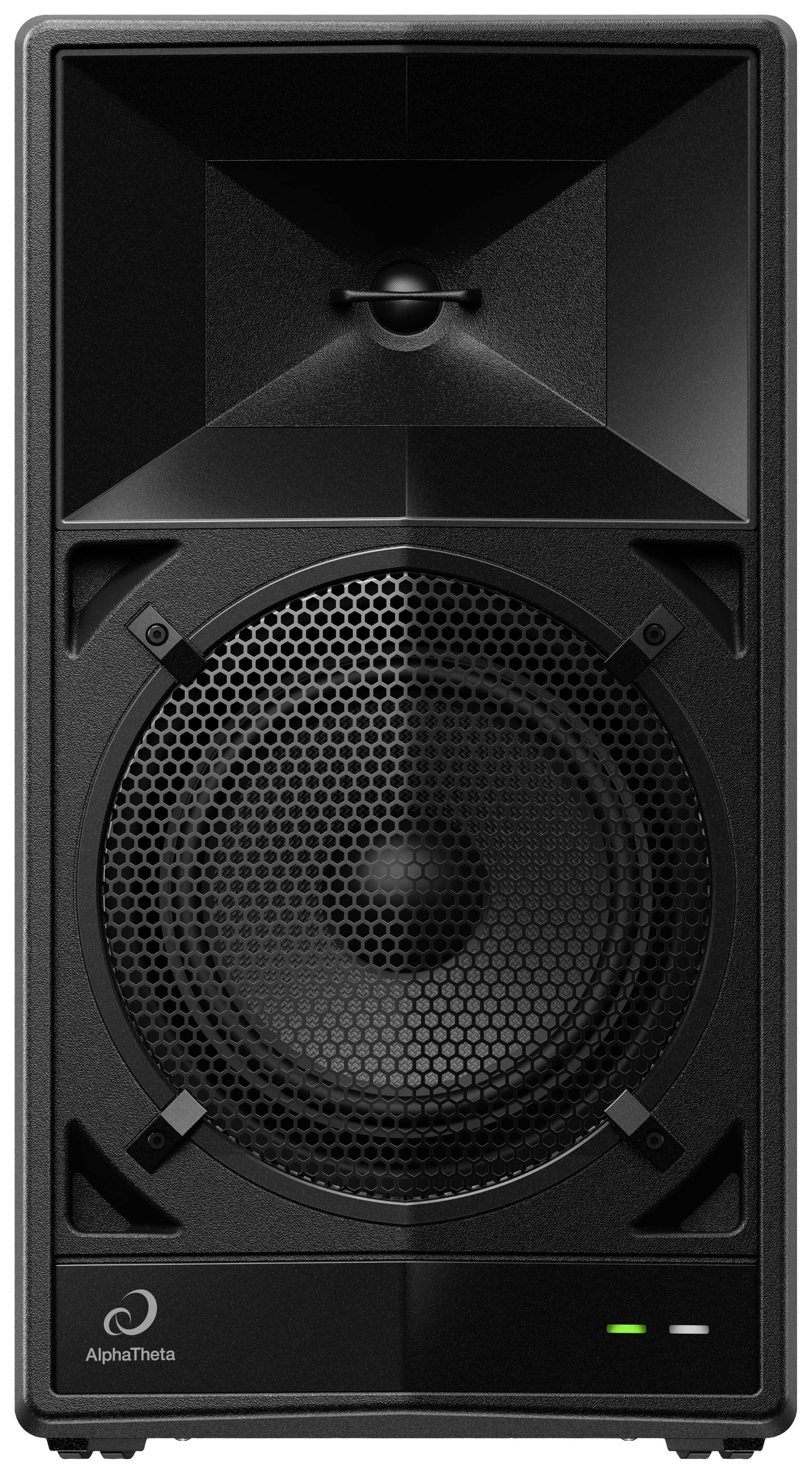 Un haut-parleur noir avec une grille de protection et le logo de l'entreprise en bas à gauche.