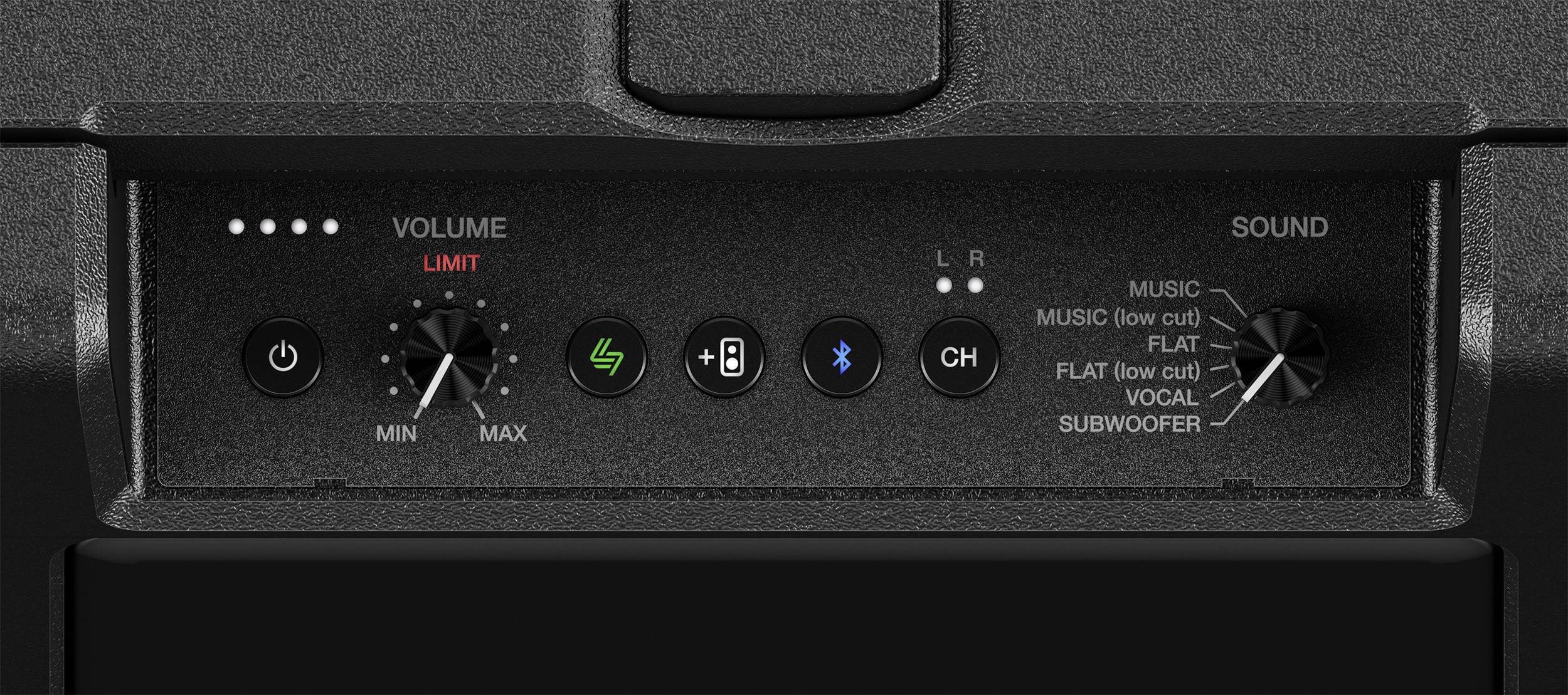 Panneau de commande d'un système audio avec réglage du volume, voyants lumineux et différents paramètres sonores tels que 'Musique', 'Vocal' et 'Subwoofer'.