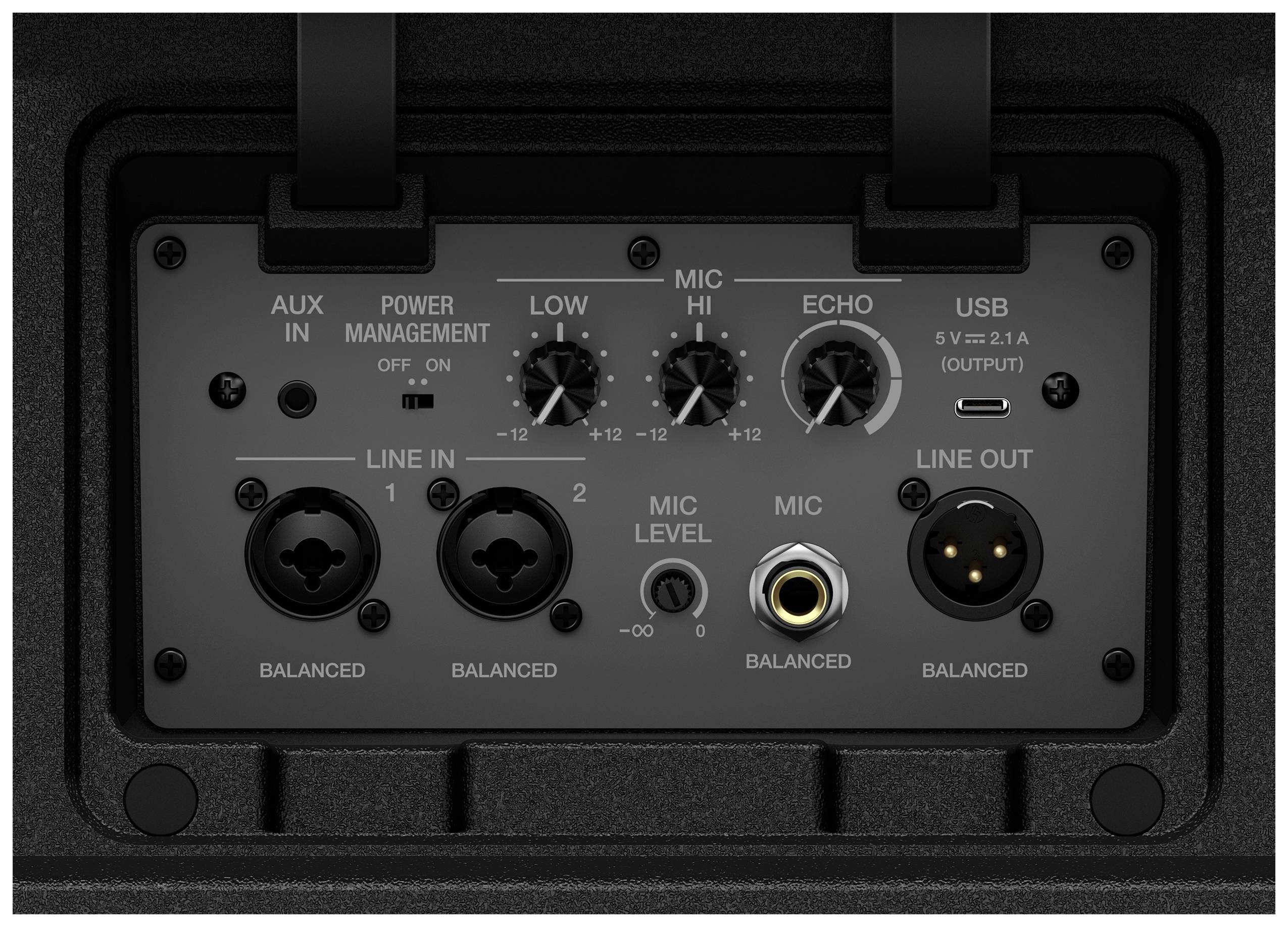 Table de mixage audio avec entrée AUX-IN, interrupteur de gestion de l'alimentation, réglages pour les basses, aigus, micro, écho et ports pour entrée ligne, USB, micro.