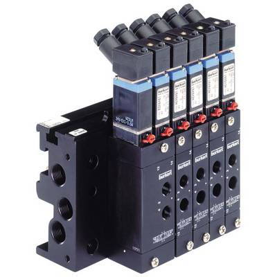 Un bloc collecteur à cinq vannes électromagnétiques, adapté au contrôle des flux de fluides dans des applications industrielles.
