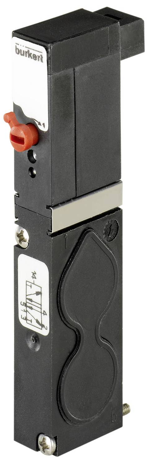Un composant noir rectangulaire avec des accents métalliques, un bouton rouge en haut et un schéma sur le côté.