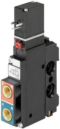 Une vanne électrique à quatre orifices de raccordement et un boîtier noir. Des indicateurs de numéros de connexion et de fonction sont visibles.