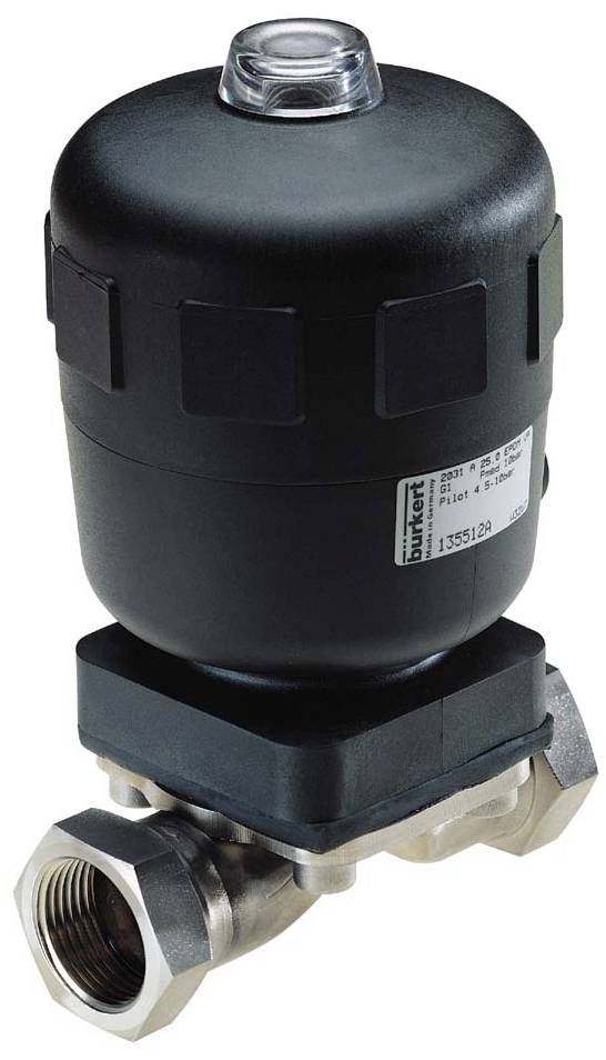 Une vanne de régulation pneumatique noire en métal, cylindrique, avec un raccordement fileté à vis en bas et une fenêtre d'observation en haut.