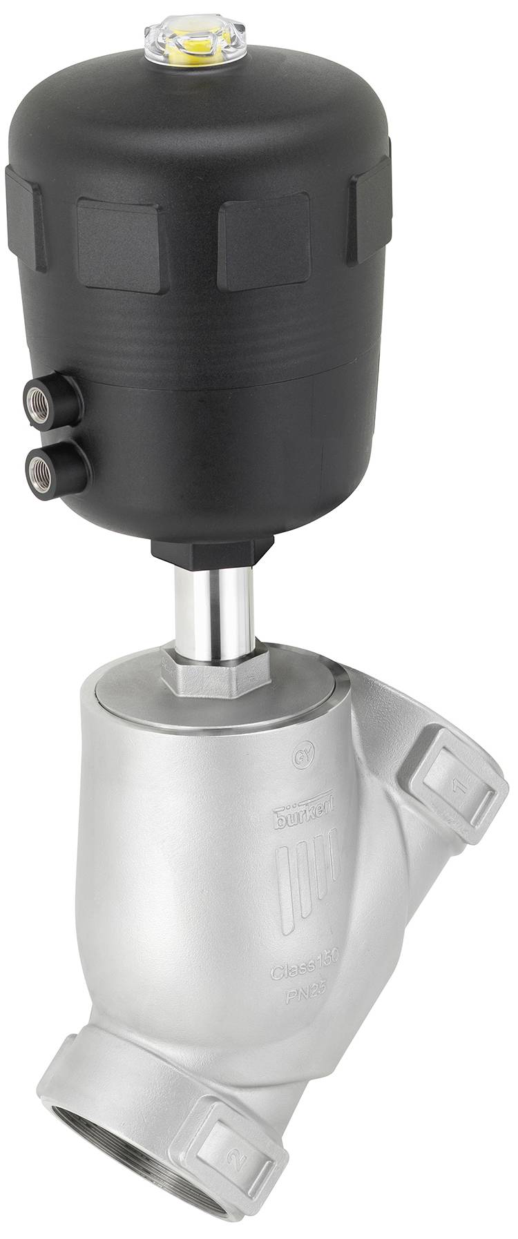 Vanne en acier inoxydable avec actionneur pneumatique noir, adaptée aux applications industrielles.