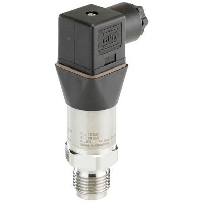 Un capteur de pression avec boîtier métallique cylindrique et raccord en plastique noir, gradué de 0-10 bars, portant la mention 'Made in Germany'.