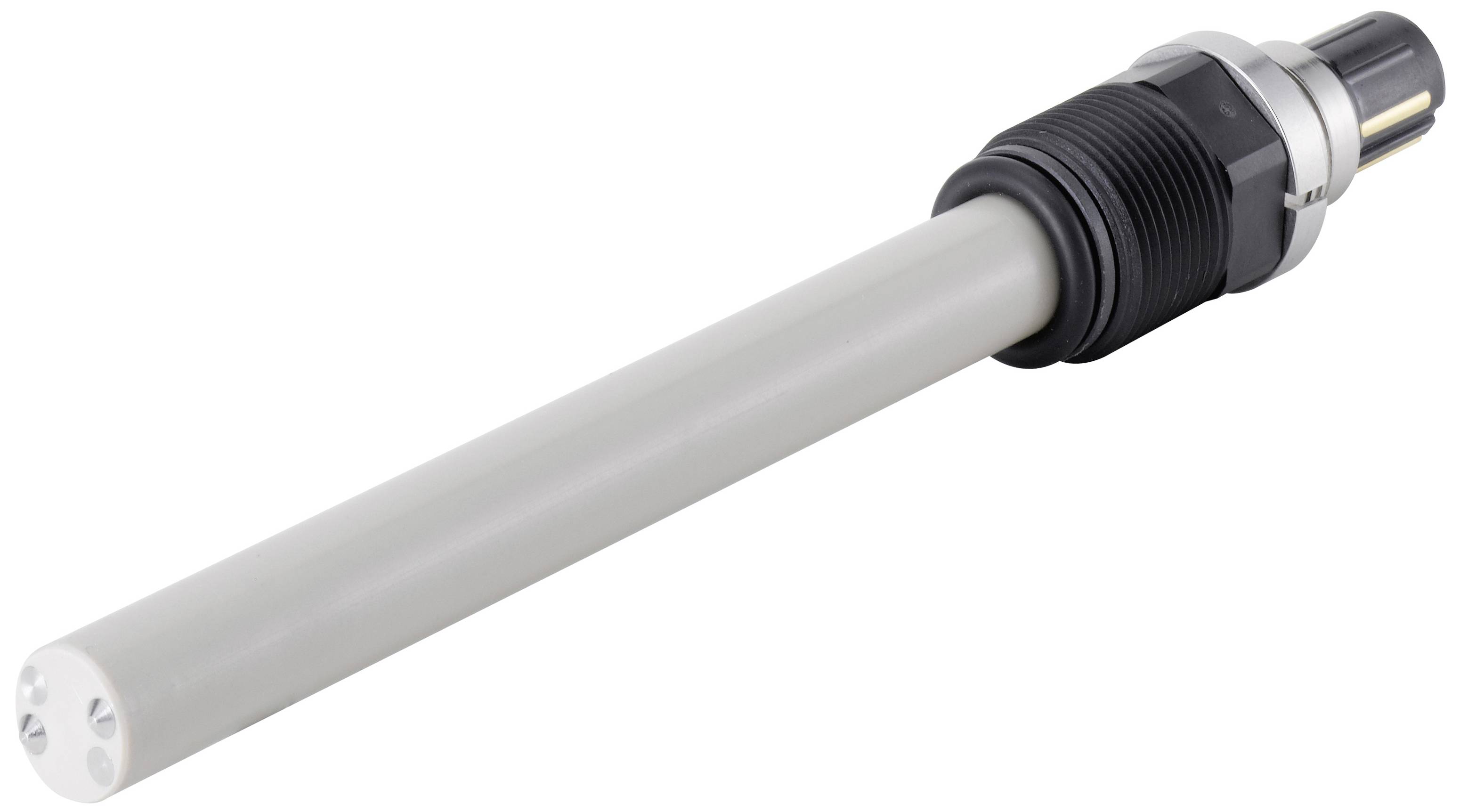 Capteur long et cylindrique avec un boîtier noir et gris. Des broches de connexion sont présentes à une extrémité. Adapté aux applications industrielles.
