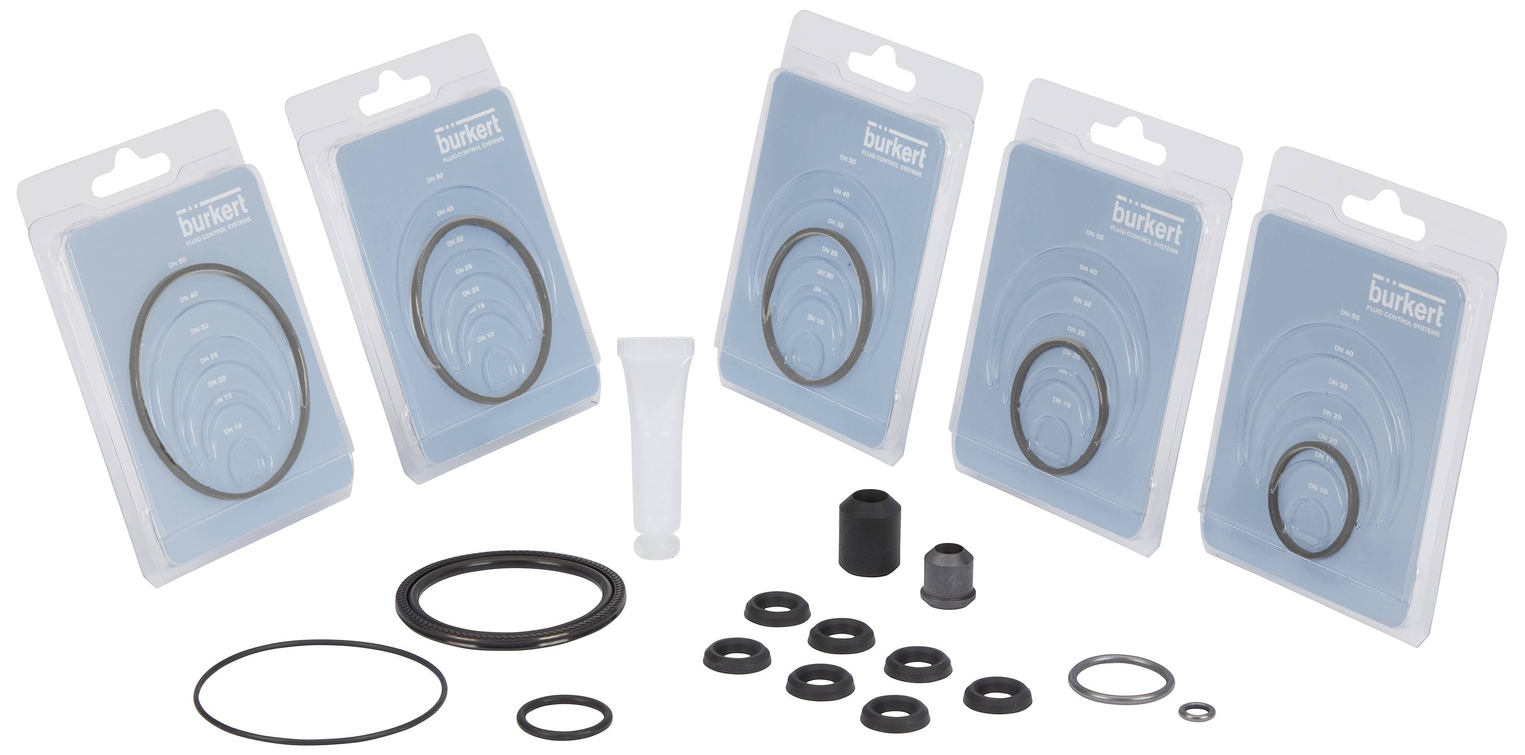 Plusieurs emballages et pièces détachées d'un kit de joints, comprenant des joints toriques de différentes tailles et un petit tube de lubrifiant.