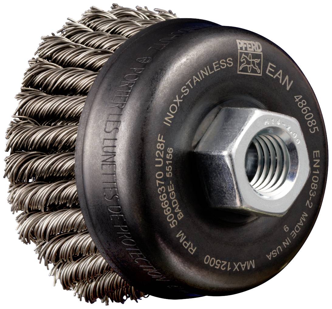 Brosse métallique en acier inoxydable avec filetage, adaptée pour enlever la rouille et la peinture sur les surfaces métalliques. Vitesse de rotation maximale : 12 500 tr/min.