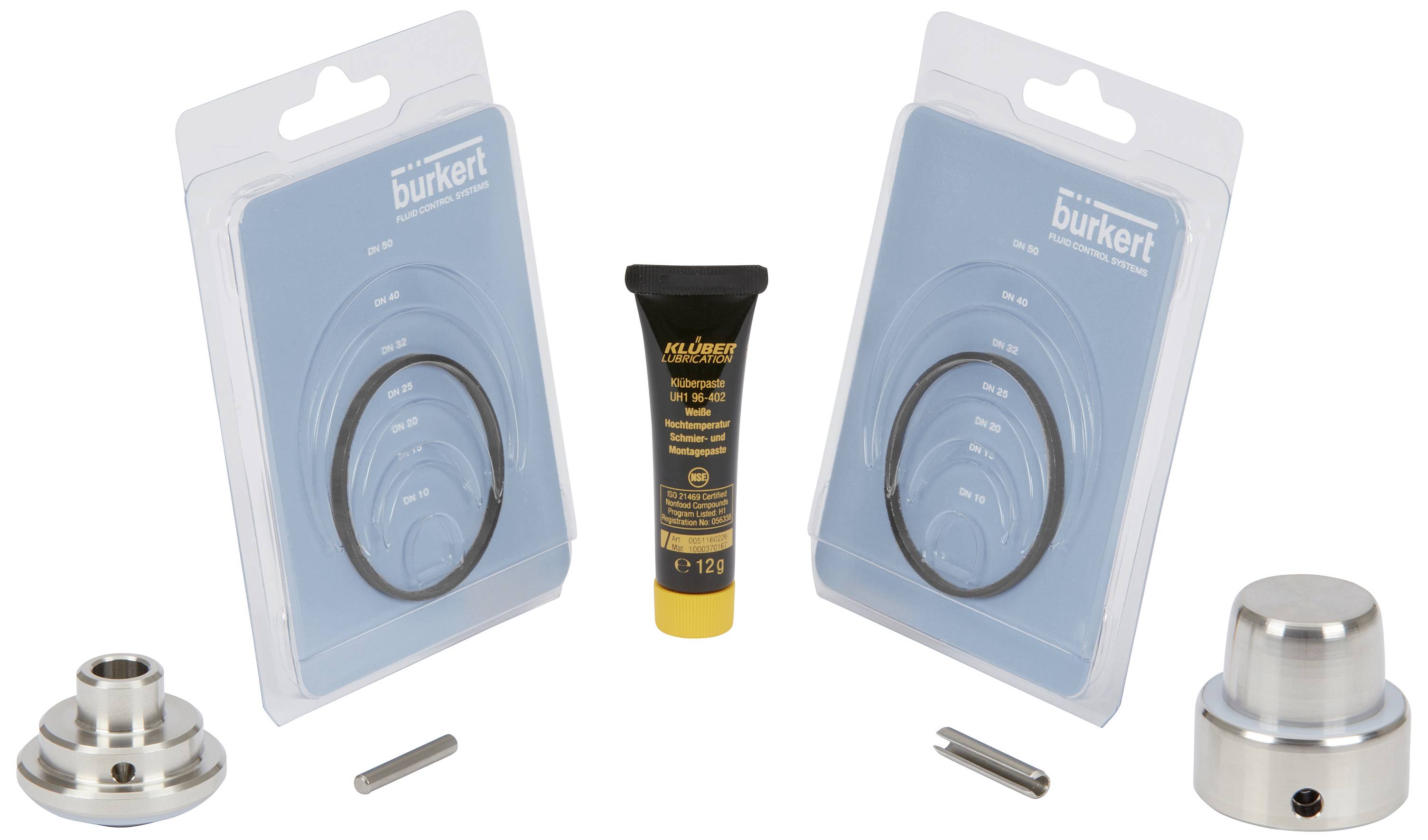 Un kit de maintenance comprenant deux jeux de joints toriques, un tube de lubrifiant et des pièces métalliques sur un fond blanc.