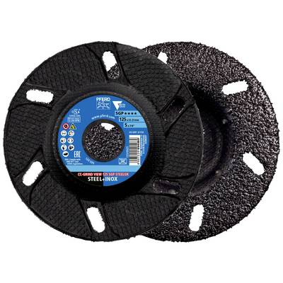 Deux meules abrasives, l'une avec une étiquette bleue portant des informations telles que la taille et le matériau. Utilisées pour l'acier et l'inox.
